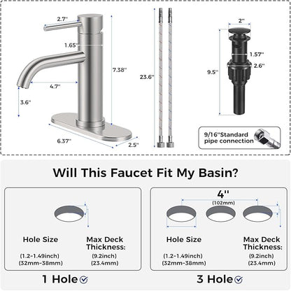 Bathroom Sink 1 Hole Single Handle Lever Faucets Stainless Steel | Pop Up Drain,Deck Plate,Flexible Hoses,1 or 3 Hole,Modern,for Vanity RV Bath Basin Wash Room Restroom Home,Brushed Nickel