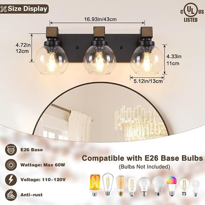 Farmhouse Bathroom Light Fixtures, 3-Light Rustic Wood Bathroom Lights Over Mirror with Glass Globe Shades, Matte Black Wall Mounted Lamp Vanity Lights for Bathroom Bedroom Living Room Cabinet