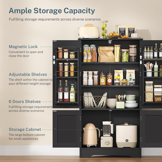 Storage Cabinet with 4 Doors, Kitchen Cabinet with 6 Door Shelves | Kitchen Pantry Cabinet with Adjustable Shelves, for Living Room, Dining Room, Bathroom, Black