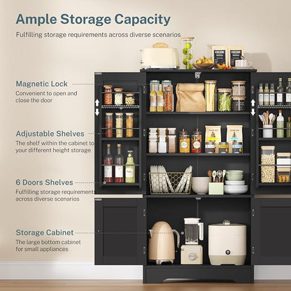 Storage Cabinet with 4 Doors, Kitchen Cabinet with 6 Door Shelves | Kitchen Pantry Cabinet with Adjustable Shelves, for Living Room, Dining Room, Bathroom, Black