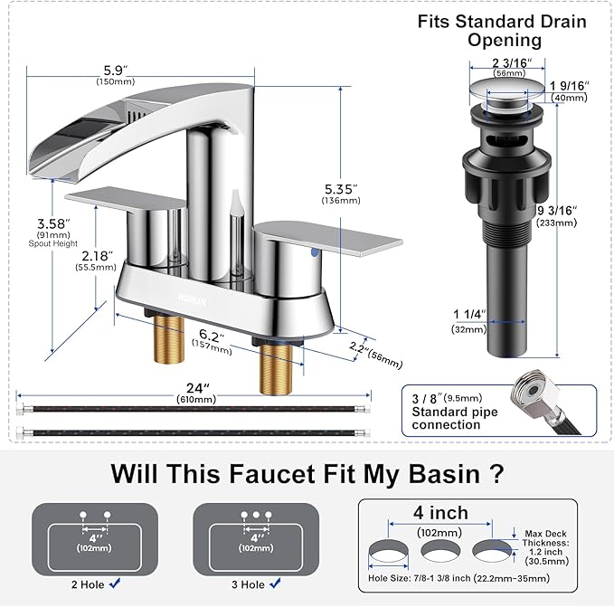 Bathroom Sink Faucet for 3 Hole, Hurran 4 Inch Bathroom Faucets with Pop-up Drain, Stainless Steel 2-Handle Waterfall Faucet for Bathroom Sink, Chrome