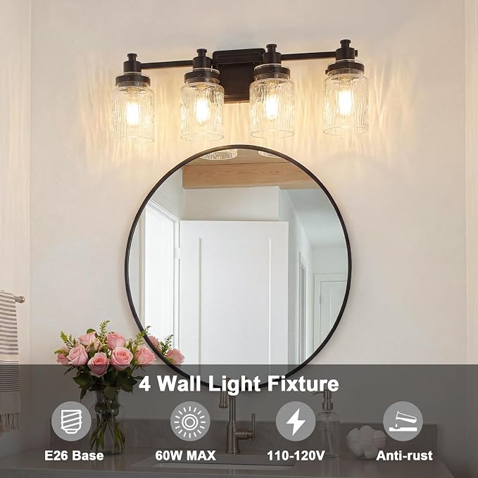 4 Light Bathroom Light Fixtures Farmhouse Black Vanity Lights | ETL Certificate, Easy to Install,Wall Mount Up or Down,Hammered Glass Lampshade,E26 Socket,Hardwired,120V