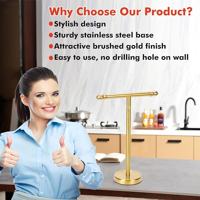 Hand Towel Holder Gold, T-Shape Hand Towel Stand for Bathroom, Stand Hand Towel Rack Free-Standing Towel Bar for Bathroom Kitchen Countertop, Stainless Steel