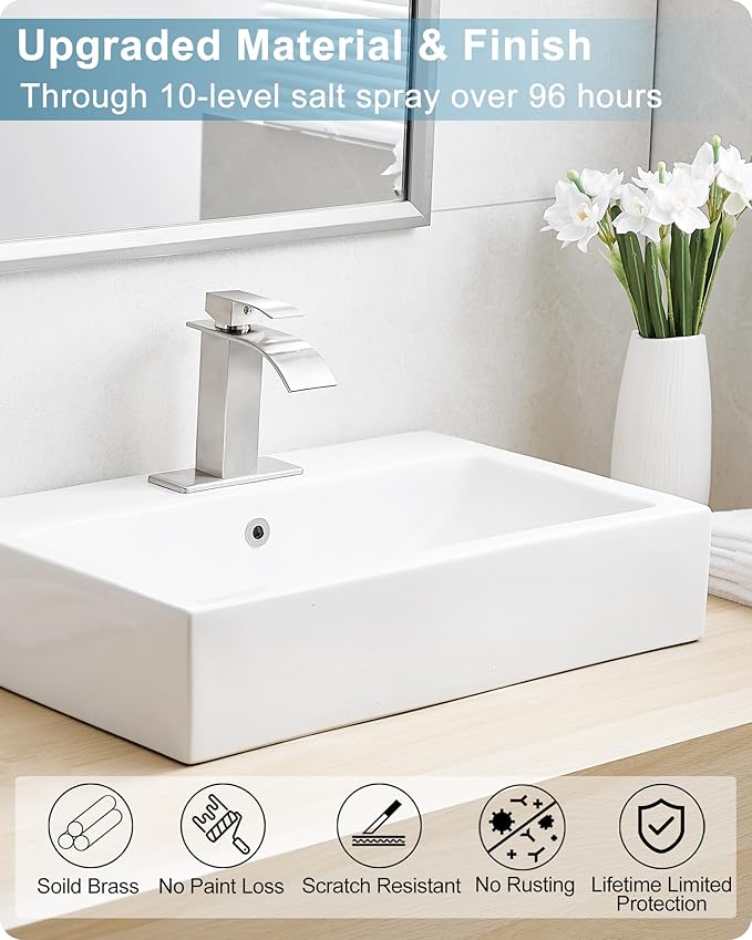 Brushed Nickel Bathroom Faucet Single Handle, Brass Waterfall Bathroom Sink Faucet 1 Hole or 4 Inch 3 Hole Bathroom Faucets with Deck Plate & Pop-up Drain Supply Hose for Lavatory No Splashing