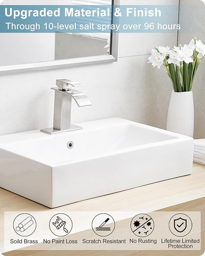 Brushed Nickel Bathroom Faucet Single Handle, Brass Waterfall Bathroom Sink Faucet 1 Hole or 4 Inch 3 Hole Bathroom Faucets with Deck Plate & Pop-up Drain Supply Hose for Lavatory No Splashing