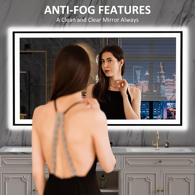 LOAAO 77"X36" LED Bathroom Mirror Black Framed | Anti-Fog, Dimmable, Memory Function, Tempered Glass, Lighted Vanity Mirror for Wall