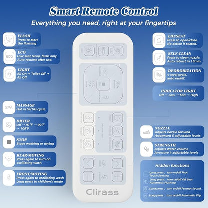 Smart Toilet with Bidet Built-In, Auto Flush, Auto Open/Close Lid, Foot Sensor, Heated Seat, Warm Water Wash, Warm Air Dryer, Deodorizer, Night Light, Remote Control (White)