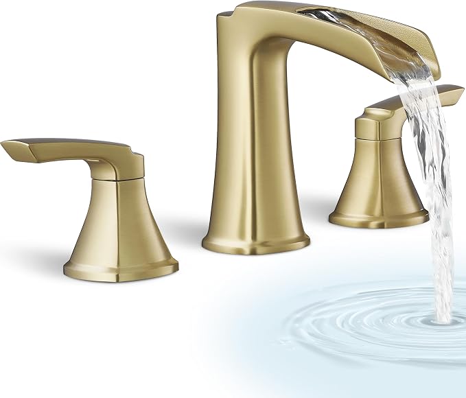 Brass Waterfall Tub Faucet, 3 Hole Brushed Gold Bathtub Faucet Set, 6-16 Inch Widespread Deck Mount with 2 Handle & cUPC Supply Water Hoses for Roman Style, 20 Mins Quick Installation