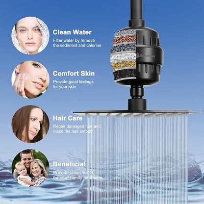 NearMoon Filtered Rain Shower Head, High Pressure 8″Square, and 5 settings Handheld Shower Filter Combo with Self-adhesive Holder/1.5M Hose -1 Replaceable Filter Cartridge (Matte Black)