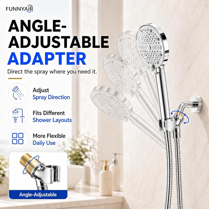 High Pressure Shower Head, Stick-on Low Mount Wall Bracket, Chrome | 5 Spray Modes, Water-Saving, 360° Adjustable Bracket, For Low Water Pressure Home, RV, Bathroom, Fix Firmly Kid-Friendly
