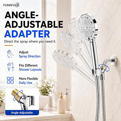High Pressure Shower Head, Stick-on Low Mount Wall Bracket, Chrome | 5 Spray Modes, Water-Saving, 360° Adjustable Bracket, For Low Water Pressure Home, RV, Bathroom, Fix Firmly Kid-Friendly