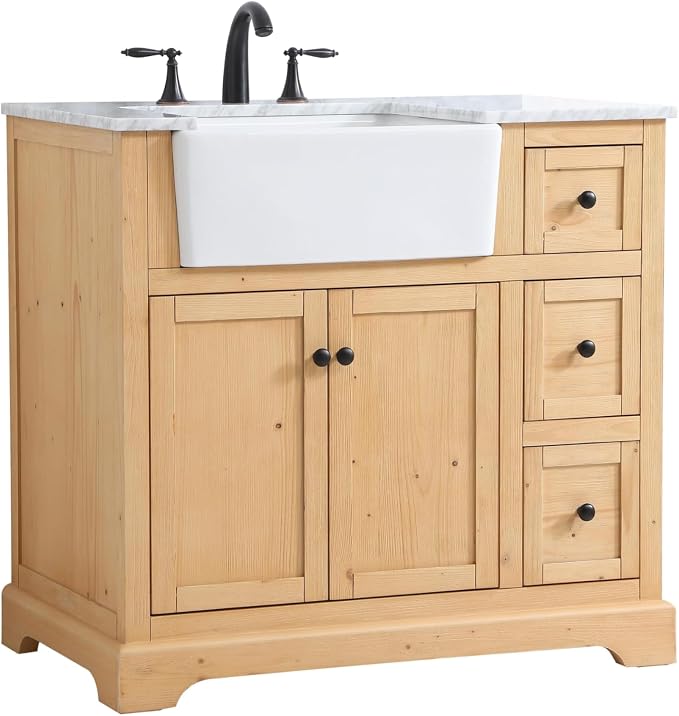 36" Pre-Assembled Bathroom Vanity with Sink, Solid Birch and MDF, Carrara White Marble Countertop Attached, Single Rectangle Porcelain Sink, 3 Soft-Close Drawers, Natural Wood