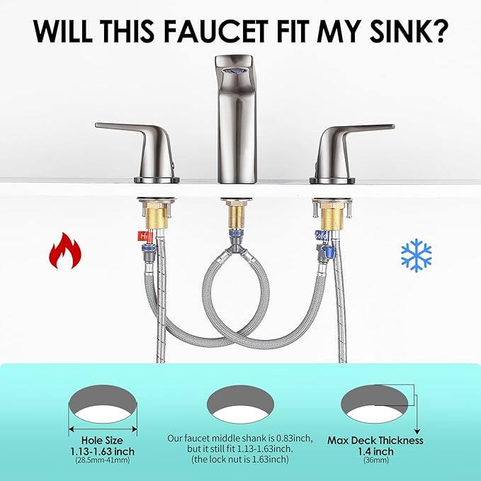 8 inch 2 Handles Widespread Bathroom Faucet 3 Holes with Pop up Drain Assembly and Water Supply Lines, Brushed Nickel