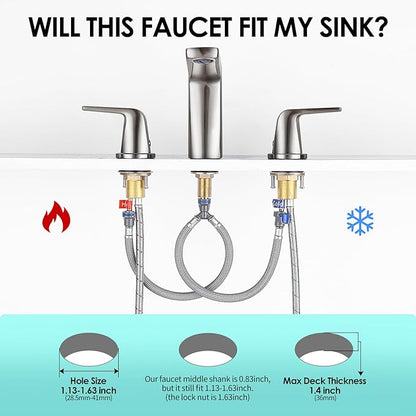 8 inch 2 Handles Widespread Bathroom Faucet 3 Holes with Pop up Drain Assembly and Water Supply Lines, Brushed Nickel