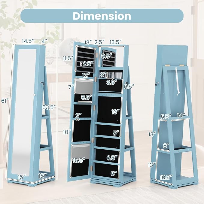 GOFLAME 360° Rotating Jewelry Armoire, Lockable Jewelry Cabinet with Full-Length Mirror & Inner Makeup Mirror, Standing Jewelry Storage Organizer with Rear Storage Shelves, Sky Blue