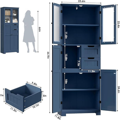 67'' Tall Bathroom Storage Cabinet, Linen Cabinet with Glass Doors and Adjustable Shelves, Kitchen Pantry with 2 Drawers for Bathroom, Living Room, Dining Room, Blue
