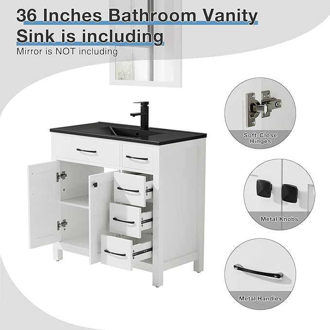 LUCKWIND 36" Bathroom Vanity with Black Sink Combo, Painted Modern Bathroom Storage Cabinet with Black Sink, Two Doors and Three Drawers, Include Faucet Without Mirror, White