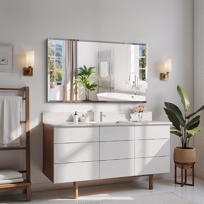 CILIBER Beveled Mirror, 24x40 Frameless Beveled Bathroom Mirrors for Wall, 3mm Tempered Glass Rectangle Vanity Mirror with Beveled Edge, Crystal-Clear, Hangs Horizontally or Vertically