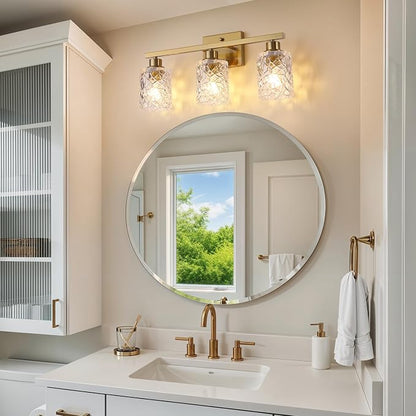 Mecgirn Stainless Steel Bathroom Vanity Light Over Mirror, 3 Light Brushed Gold Bathroom Light Fixtures with Textured Glass Shades,Ceramic E26 Sockets Wall Mounted Vanity Lights for Bathroom