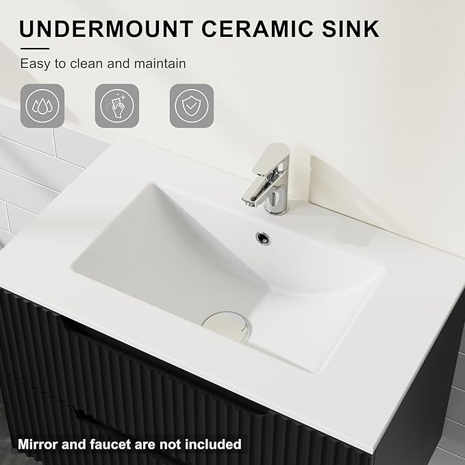 30 inch Wall Mounted Bathroom Vanity with Sink Floating Bathroom Cabinet Sink Combo, Soft-Close System, 2 Extra Big Drawers, Black