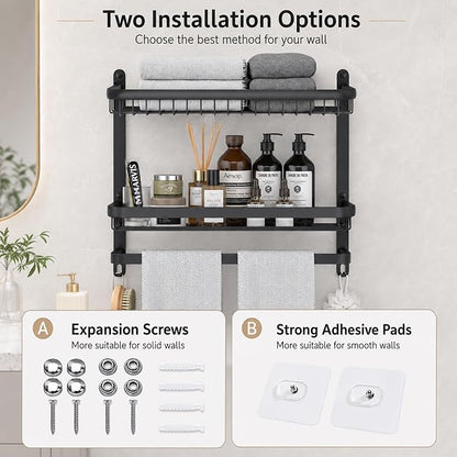 23 Inch Towel Rack for Bathroom with 3 Tier Shelf Double Bar Hook (Black) | 90 Degree Foldable Top Design, Wall Mounted Storage Shelf of 304 Stainless Steel, No Drill or Screw Installation