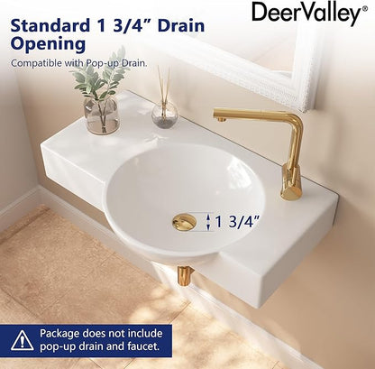 DeerValley 30"x18" Wall Mounted Bathroom Vessel Sink, White Modern Modern Floating or Countertop bathroom sink，Lavatory Vessel Sink，Porcelain Ceramic Right Side Wall Hung Sink