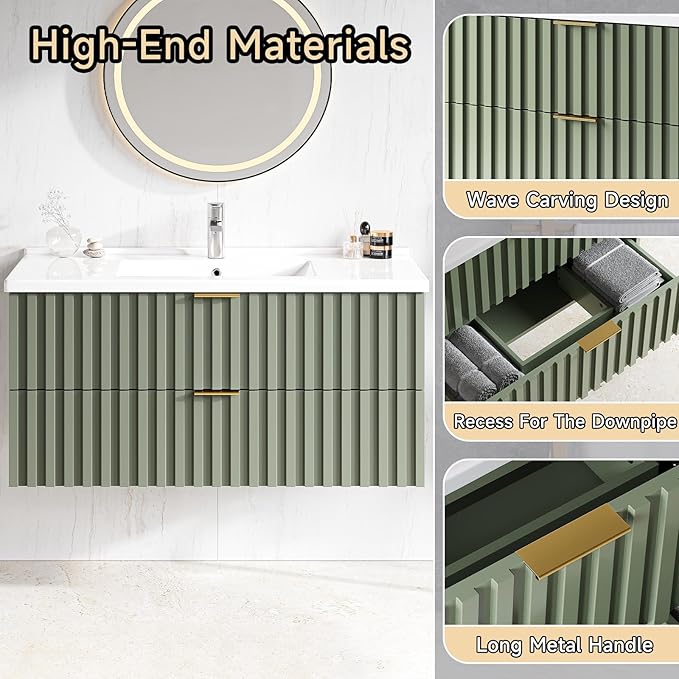 ONBRILL 36 Inch Bathroom Vanity with Sink Combo, Floating Bathroom Vanity with 2 Fluted Drawers & Metal Handle, Modern Wall Mount Storage Cabinet with Ceramic Integrated Sink for Small Space (Green)