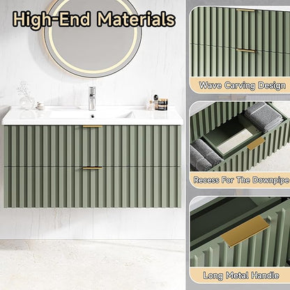 ONBRILL 36 Inch Bathroom Vanity with Sink Combo, Floating Bathroom Vanity with 2 Fluted Drawers & Metal Handle, Modern Wall Mount Storage Cabinet with Ceramic Integrated Sink for Small Space (Green)