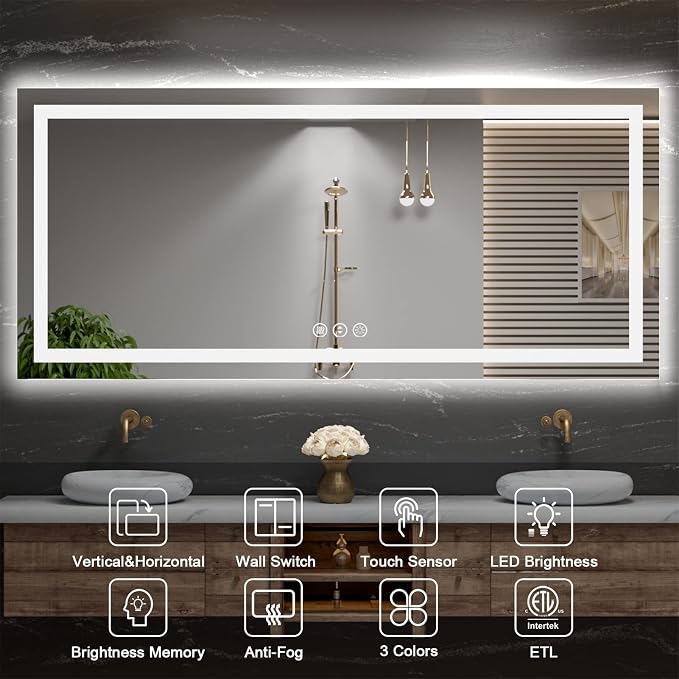 84"X40" LED Mirror for Bathroom with Front Light and Backlight | Stepless Dimmable, Anti-Fog, Shatter-Proof, HD Reflection, Memory, 3 Colors Lighting, UL Listed (Horizontal/Vertical).