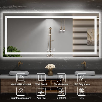 84"X40" LED Mirror for Bathroom with Front Light and Backlight | Stepless Dimmable, Anti-Fog, Shatter-Proof, HD Reflection, Memory, 3 Colors Lighting, UL Listed (Horizontal/Vertical).