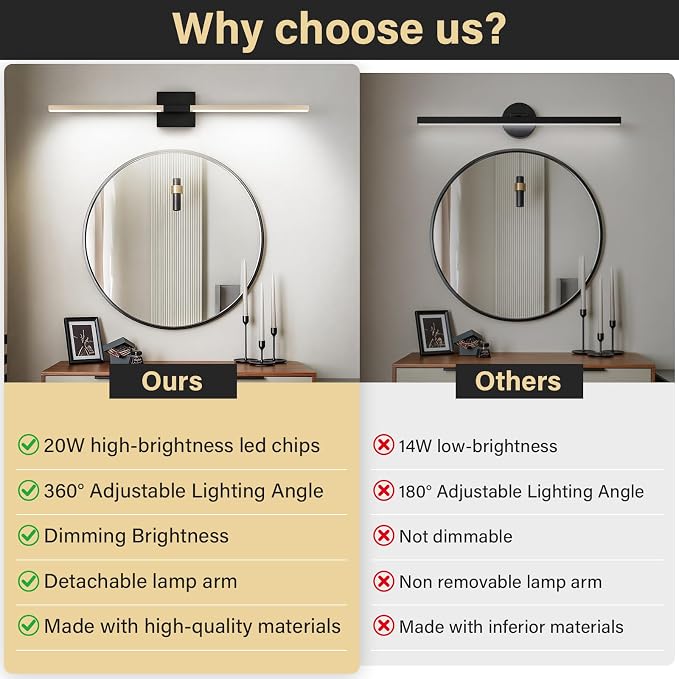 Black Gold Bathroom Vanity Light, 24 Inch LED Light Bar Over Mirror | Modern Bathroom Light Fixture Over Mirror for Vanity, 360° Rotatable Dimmable LED Wall Mounted Lighting, ETL Certified