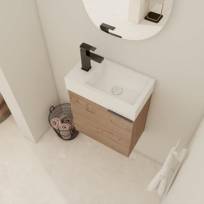 18" Small Floating Bathroom Vanity with Sink and Storage - Narrow Brown Vanity for Home