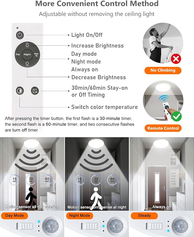 Rechargeable Motion Sensor Ceiling Lights for Hallway, Bathroom (Round) | Magnetic Mount Dimmable Closet Light with Remote, 7000mAh Battery Operated, 3 Color Modes, Wireless Installation