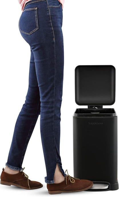 happimess Betty Retro Mini 3.2 Gal Step Trash Can, Charcoal Black | Soft-Close Lid, Fingerprint Proof, Removable Liner, Stainless Steel, Hands-Free Pedal