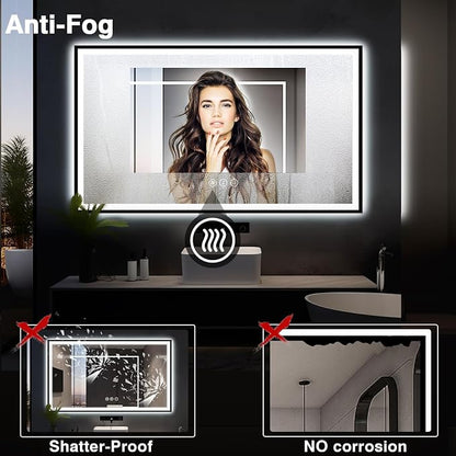 EchosLife 60x30 Large LED Bathroom Vanity Mirror - Black Aluminum Framed | Black Frame, Front and Backlit, Anti-Fog, Stepless Dimmable, 3 Colors, Memory, Tempered Glass, UL Listed, Horizontal/Vertical