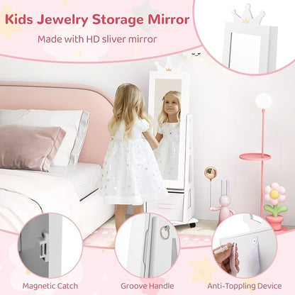 CHARMAID 360° Swivel Kids Jewelry Cabinet, 48" Standing Jewelry Organizer with Full Length Mirror, Storage Drawer, Kids Vanity Dressing Mirror, Jewelry Armoire with Lockable Wheels for Girls (White)