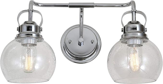 JONATHAN Y 17.5" Chrome Shirley 2-Light Bathroom Vanity Light, Metal Wall Sconce, Clear Seeded Glass Shade, Modern Transitional Farmhouse Fixture, LED Bulbs Included JYL7404A