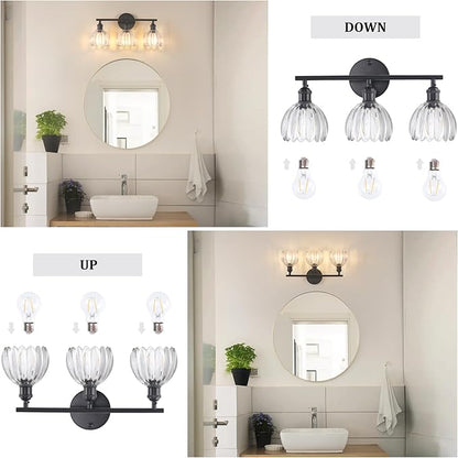 Bathroom Light Fixtures, 3-Light Black Vanity wall Light Over Mirror with Clear Tulip Glass Shade for Bedroom Living Room (Bulb Not Included)