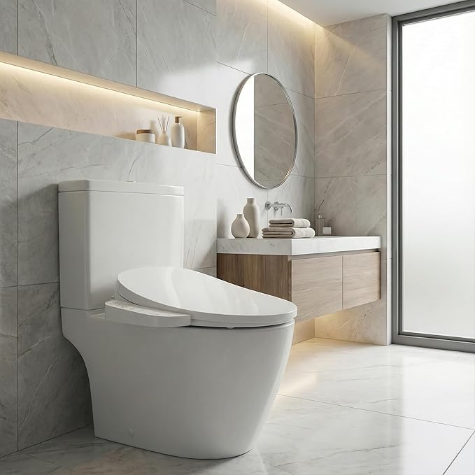 Smart Heated Toilet Seat for Elongated V-Shaped Toilets – Bidet Warm Water Wash, Self-Cleaning Nozzle, Warm Air Dryer, Deodorizer, Soft-Close Lid, LED Night Light & Touch Panel, Easy Install