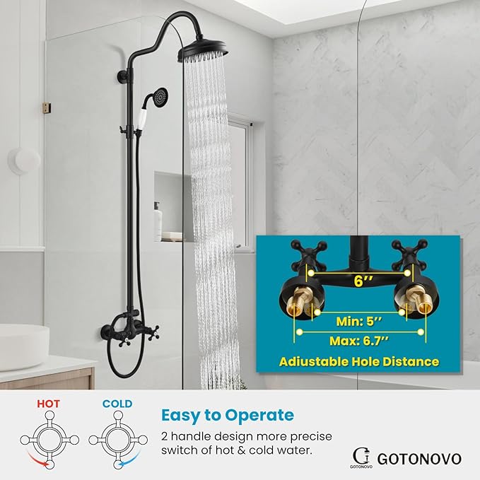 gotonovo Luxury Exposed Shower Faucet Set Bathroom Shower System 8 Inch Wall Mount Rainfall Shower Head with Handheld Spray Cross Double Handle Shower Fixture Adjustable Arc Rod Matte Black