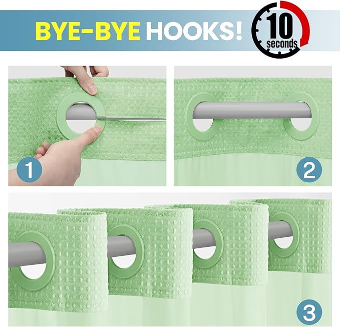 SORTTO No Hook Shower Curtain with Snap in Liner Set Waffle Shower Curtain for Bathroom Hotel Style Fabric Waterproof Inner Liner，71" W x 74" H, Green