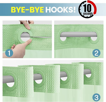 SORTTO No Hook Shower Curtain with Snap in Liner Set Waffle Shower Curtain for Bathroom Hotel Style Fabric Waterproof Inner Liner，71" W x 74" H, Green