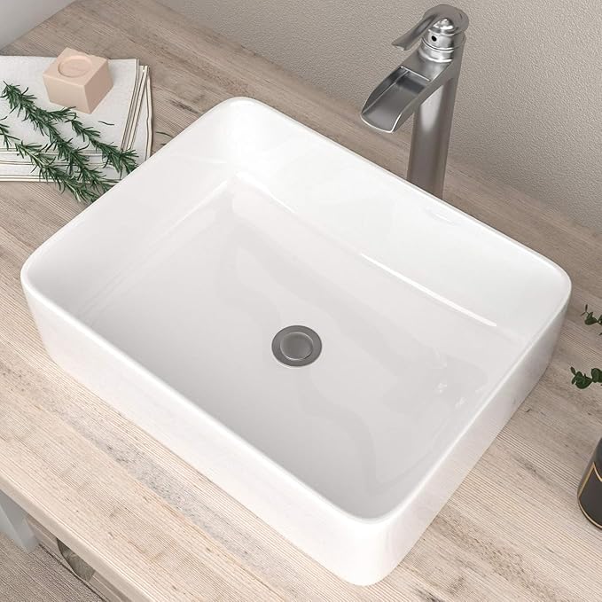 Mocoloo Rectangle Vessel Sink 19"x15" Ceramic Bathroom Sinks White Porcelain Lavatory Small Vanity Sink Basin without Overflow Drain Above Countertop Installation