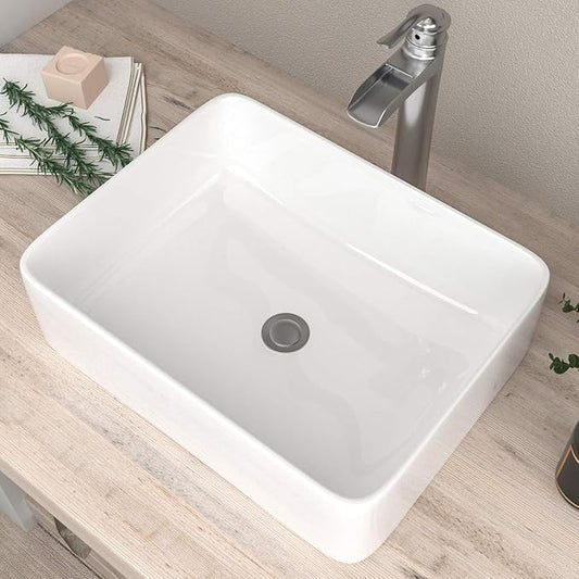 Mocoloo Rectangle Vessel Sink 19"x15" Ceramic Bathroom Sinks White Porcelain Lavatory Small Vanity Sink Basin without Overflow Drain Above Countertop Installation
