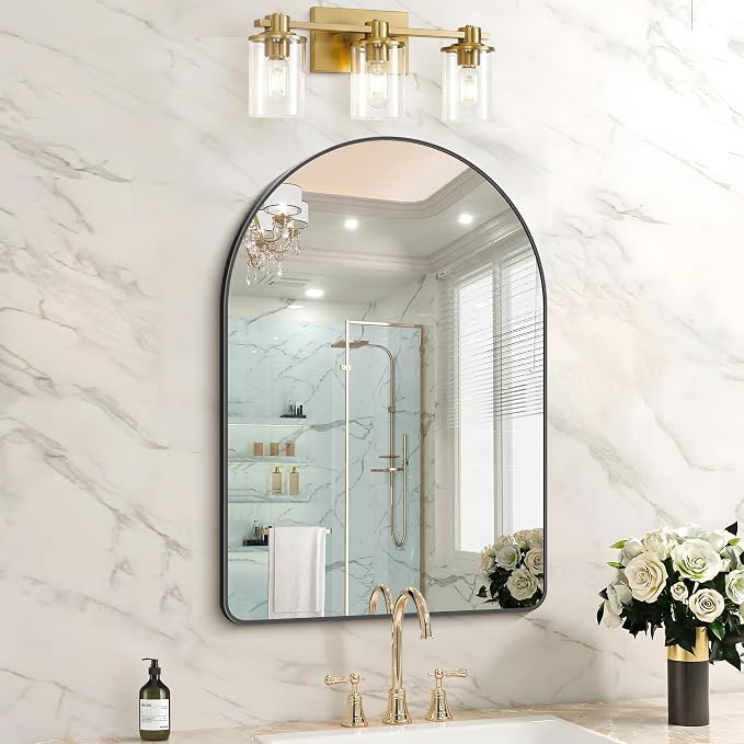 FORBATH Arched Bathroom Mirror 16x24 Inch, Black Bathroom Mirror Wall Mounted Modern Aluminum Alloy Frame Arch Mirror for Bedroom Living Room Entryway, Hanging or Leaning Against Wall