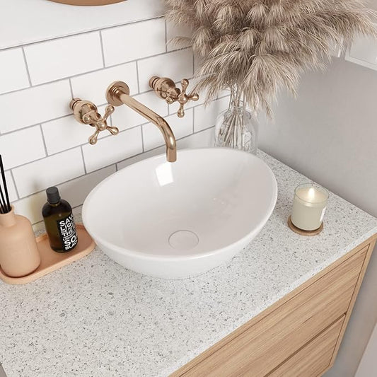 DeerValley Bathroom Vessel Sink, 16" x 13" Oval White Ceramic Vessel Sink, Modern Egg Shape Above Counter Bathroom Vanity Bowl, Porcelain Bathroom Vessel Vanity Sink Art Basin, DV-1V051