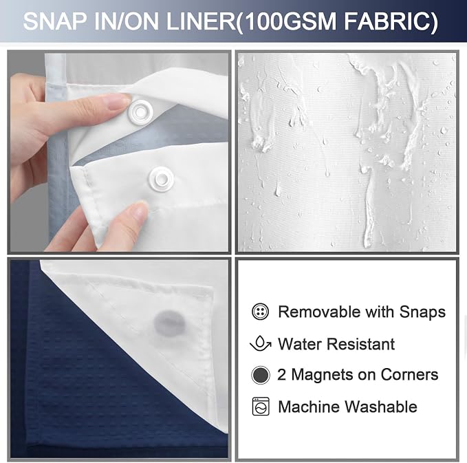 No Hook Shower Curtain and Liner Set,Ombre Blue Hotel Waffle Shower Curtain with Liner 75" L x 72" W