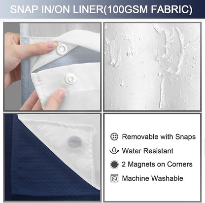 No Hook Shower Curtain and Liner Set,Ombre Blue Hotel Waffle Shower Curtain with Liner 75" L x 72" W
