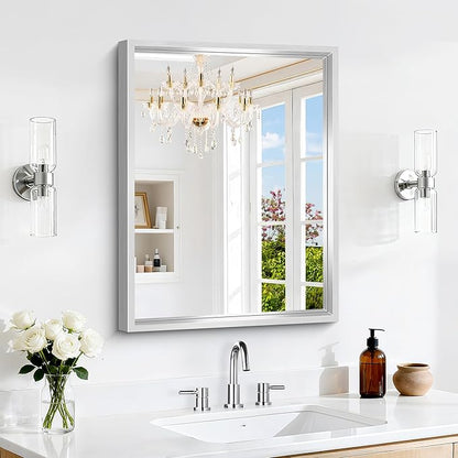 18x24 Silver Bathroom Mirror, Brushed Silver Rectangular Mirror for Wall, 0.6" Thickened Deep Frame Mirrors for Bathroom Sink, Shatterproof Tempered Glass, Antirust, Horizontally or Vertically