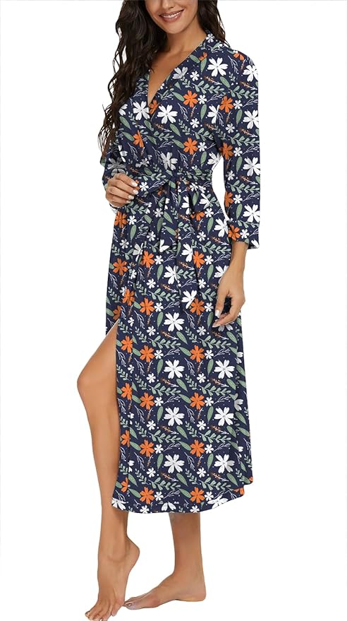 VINTATRE Women Kimono Robes Long Knit Bathrobe Lightweight Soft Knit Sleepwear V-neck Casual Ladies Loungewear